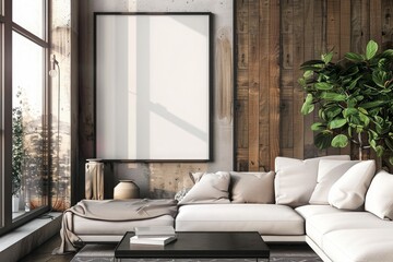A modern living room with a large blank frame on the wall, a white sectional sofa, and a potted plant. Perfect for adding your own art or design.