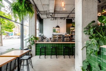 Obraz premium Modern cafe interior with vibrant green tiles and lush plants, featuring wooden tables and a welcoming atmosphere.