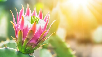 Fototapeta premium Close-up of dragon fruit cactus bloom in garden, ultra-realistic photography