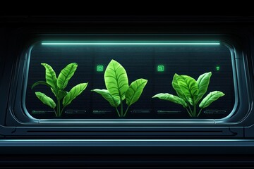 Modern plants in a futuristic greenhouse displaying lush greenery and advanced technology.