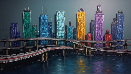 Generative, AI, neon skyline reflection, modern cityscape, digital art, vibrant colors, futuristic urban design, night scene.

