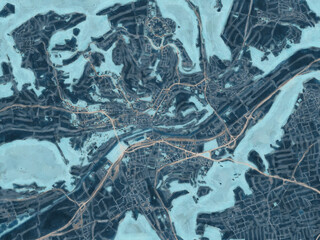 Painterly Style City Map of Tubingen, Germany in a Blue Color Scheme.