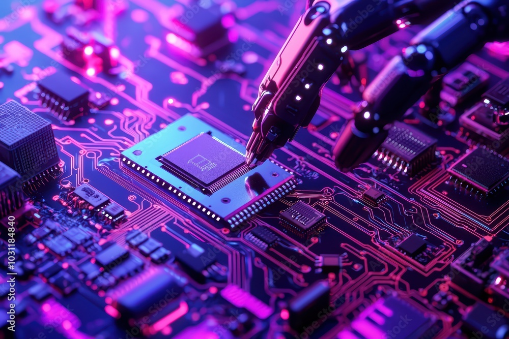 Poster robotic hand manipulating a microchip on a vibrant circuit board, showcasing advanced technology and