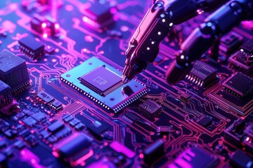 Robotic hand manipulating a microchip on a vibrant circuit board, showcasing advanced technology and innovation.