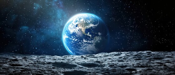 Stunning view of Earth from the Moon's surface against a starry sky.