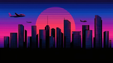 Fototapeta premium Stylized city skyline at sunset with vibrant colors and flying aircraft, creating a dramatic urban atmosphere.