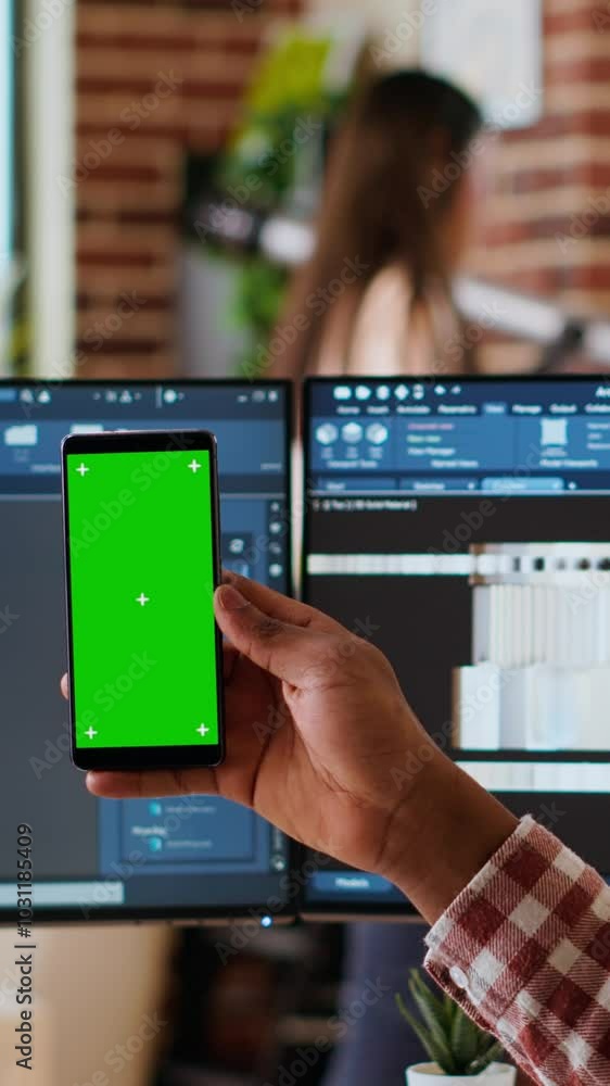 Aufkleber vertical video software developer creates a gear prototype on dual monitors next to chroma key displ