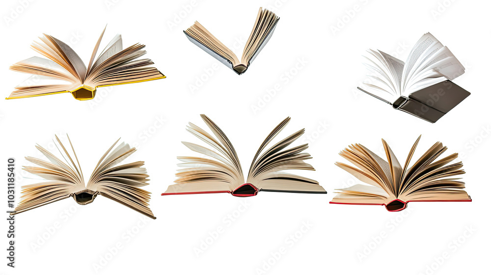 Poster collection of open books with flying pages on a white background generative ai