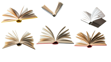 Collection of Open Books With Flying Pages on a White Background Generative AI