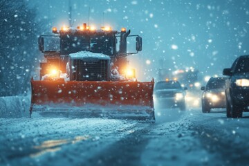 Snow plow grader clears highway during heavy snowfall while vehicles wait in line behind