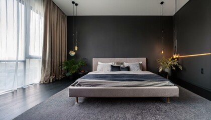 Modern bedroom interior with a king-sized bed in a stylish apartment, minimalistic design on a dark background, concept of luxury living. 3D Rendering