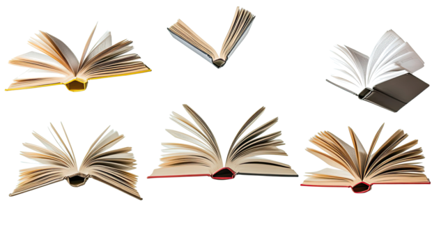 Collection of Open Books With Flying Pages on a White Background Generative AI