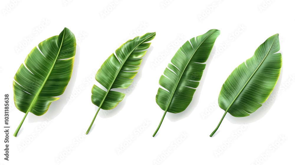Poster set of photorealistic palm leaves arranged on a white background generative ai