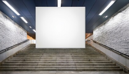 Modern underground passage with empty mock up poster, ceiling lamps and stairs. Subway tile wall. 3D Rendering.