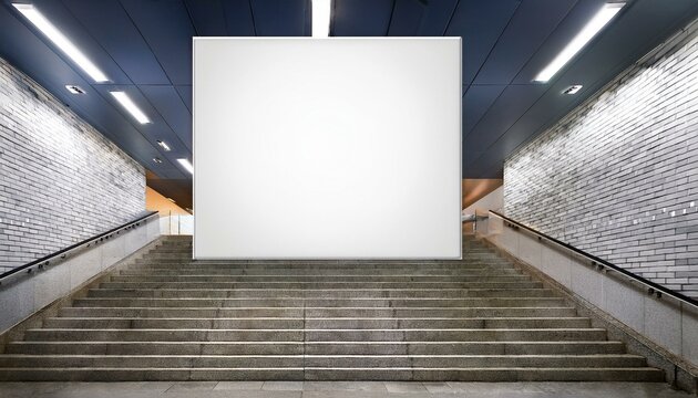 Modern underground passage with empty mock up poster, ceiling lamps and stairs. Subway tile wall. 3D Rendering.