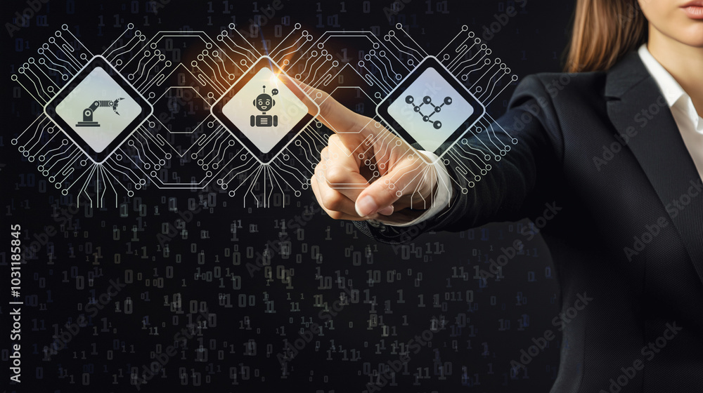 Poster businesswoman interacting with a futuristic interface; digital screens displaying icons for workflow