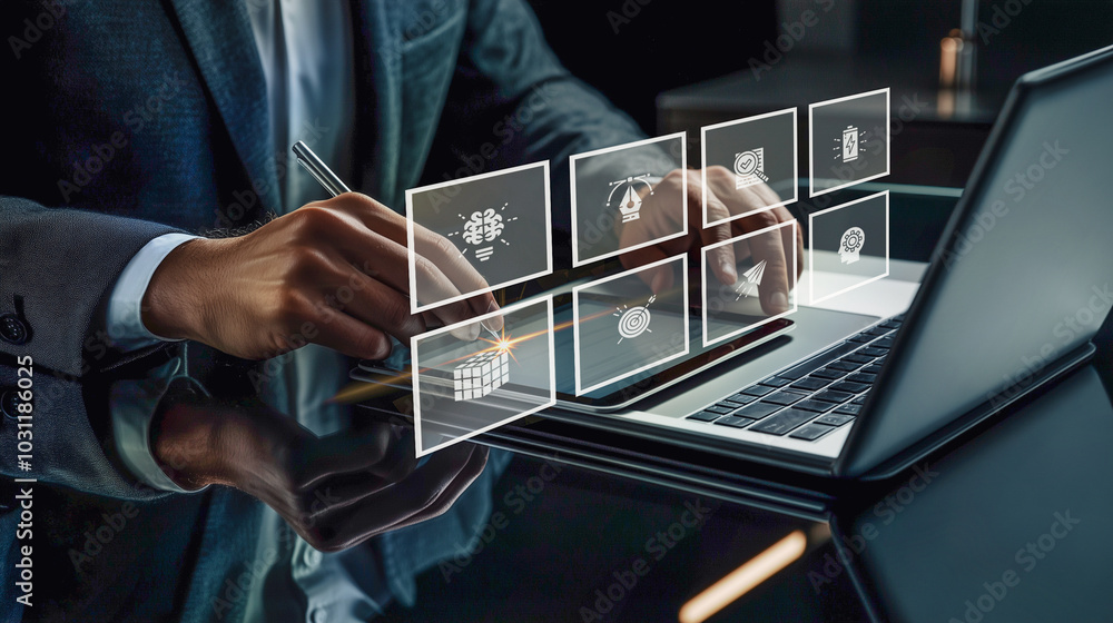 Aufkleber business professional utilizing a futuristic digital interface; interacting with transparent virtual