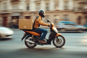 Delivery man riding a motorcycle with a box across a busy street in an urban setting during daylight