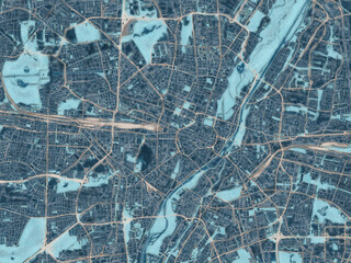 Painterly Style City Map of Munchen, Germany in a Blue Color Scheme.
