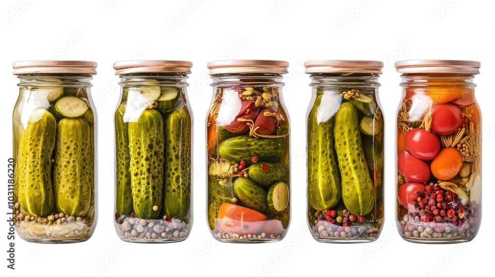 Aufkleber collection of pickles in jars on a white background generative ai