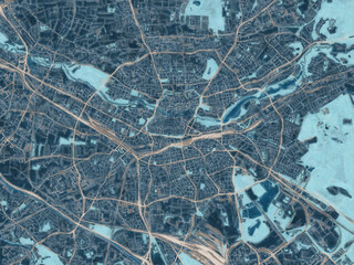 Painterly Style City Map of Nurnberg, Germany in a Blue Color Scheme.