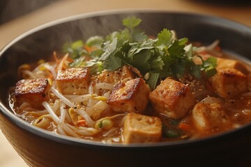close up of a bowl of steaming hot vegan Thai noodle soup, with crispy tofu, bean sprouts, and fresh coriander on top.