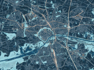 Painterly Style City Map of Ingolstadt, Germany in a Blue Color Scheme.