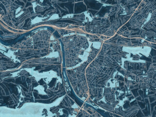 Painterly Style City Map of Wurzburg, Germany in a Blue Color Scheme.