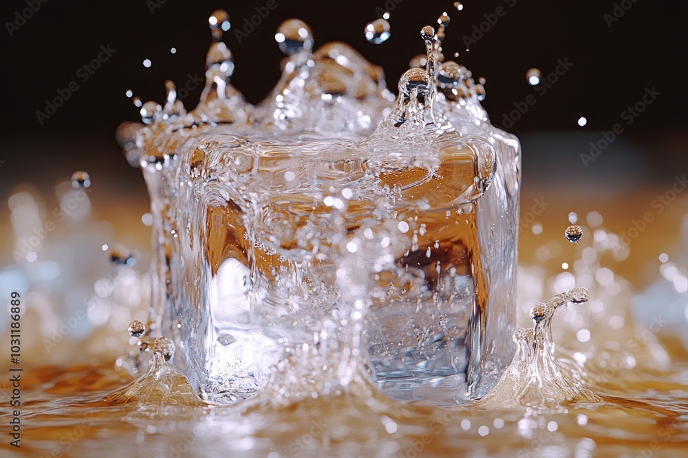 Poster Ice cube splashing into water, creating dynamic droplets.