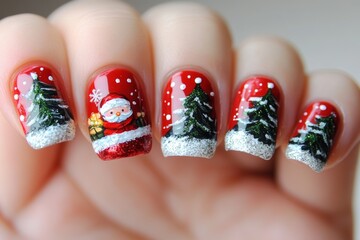 Festive Christmas nail art featuring Santa and winter trees on red manicured nails for a joyful holiday celebration