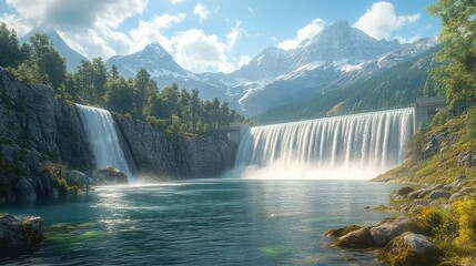 Fototapeta premium Scenic waterfall cascading into a serene lake surrounded by mountains.