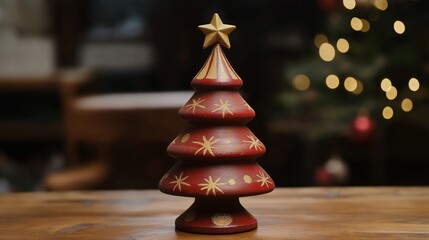 Obraz premium Decorative red wooden Christmas tree with gold star and ornaments placed on a wooden table, creating a festive ambiance.