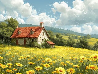 Charming Cottage in a Field of Yellow Flowers