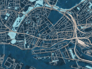 Painterly Style City Map of Hamburg Zentrum, Germany in a Blue Color Scheme.