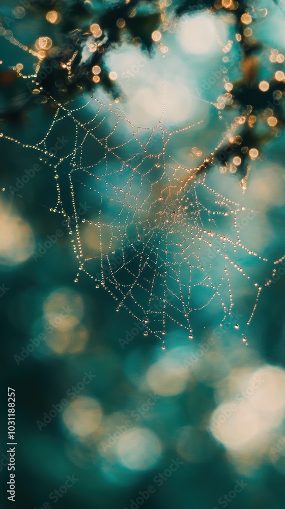 Poster intricate spiderweb architecture glimmering with dew in soft morning light, nature's artistry on dis