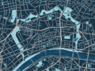 Painterly Style City Map of Frankfurt am Main Zentrum, Germany in a Blue Color Scheme.