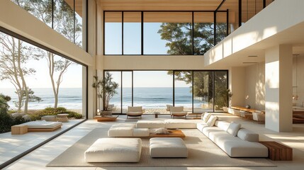Fototapeta premium Spacious modern living room with ocean view and natural light.