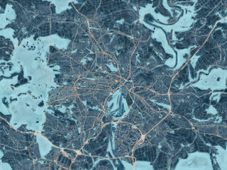 Painterly Style City Map of Kassel, Germany in a Blue Color Scheme.