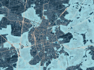 Painterly Style City Map of Darmstadt, Germany in a Blue Color Scheme.