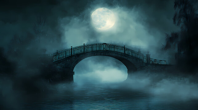 Mysterious foggy bridge illuminated by the moon, dark river below, creating a chilling halloween night, scary and atmospheric setting. Shadowy Specter. Illustration