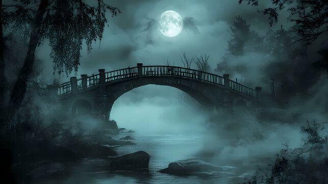 Mysterious foggy bridge illuminated by the moon, dark river below, creating a chilling halloween night, scary and atmospheric setting. Shadowy Specter. Illustration
