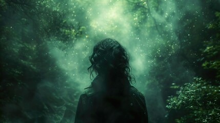 Enchanted Forest: Woman Silhouette in a Mystical Green Landscape