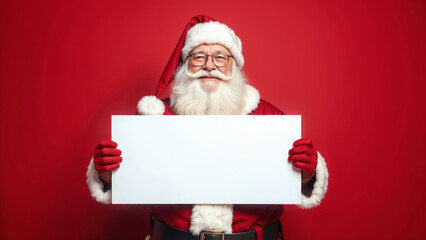 Santa Claus cheerfully holds a blank sign against a red background, perfect for holiday advertising with ample copy space. Christmas background. Mock up