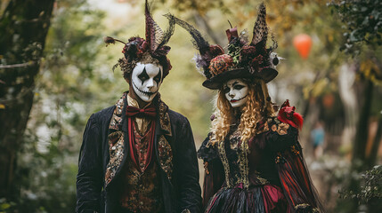 Fototapeta premium Unique Halloween duo costumes featuring Velvet and Veneer at a costume contest