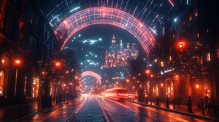 Obraz premium A futuristic city street at night with a glowing archway and a cityscape in the background.