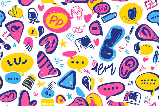 Bright seamless pattern with colorful speech bubble, words and symbols. Wallpaper for teenagers.