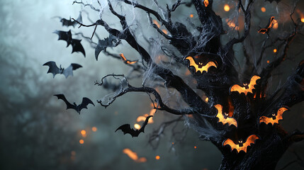 Black Halloween tree adorned with bats and glowing spider webs for a creepy vibe