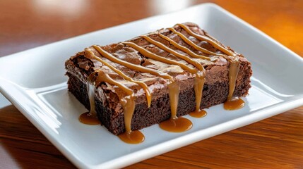 Decadent triple chocolate brownie with caramel drizzle for food photography