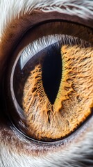 Intimate View of a Cat's Eye, showcasing intricate iris details and the soft textures of surrounding fur, highlighting feline beauty and depth.