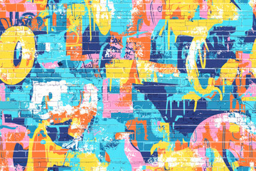 "CooL" Abstract bright graffiti pattern. With bricks, paint drips, words in graffiti style. Graphic urban design.